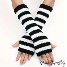 Black White Long Ribbed Knit Fingerless Gloves