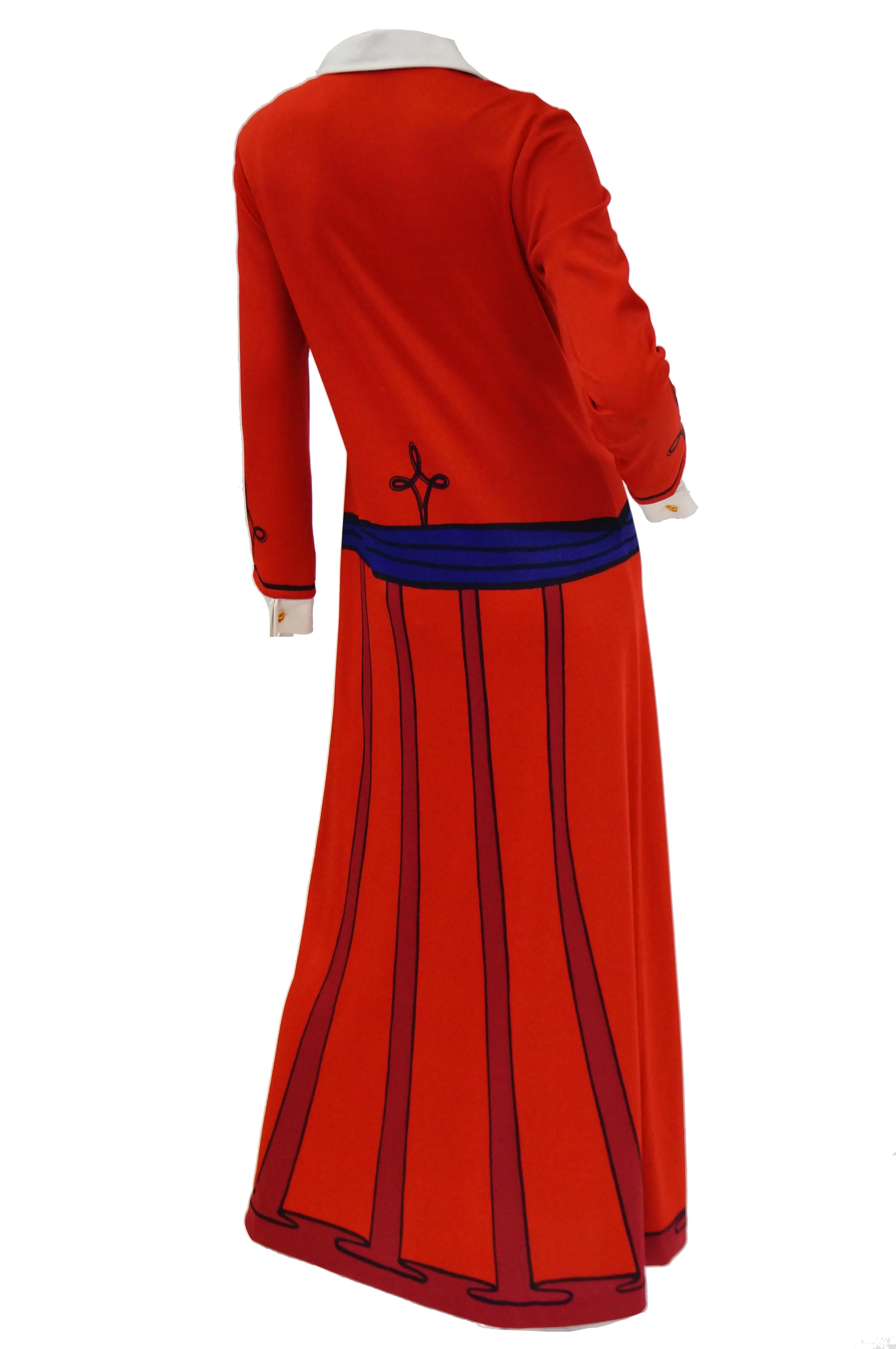 1970s Roberta di Camerino Red Trompe L'oeil Ensemble Maxi Dress