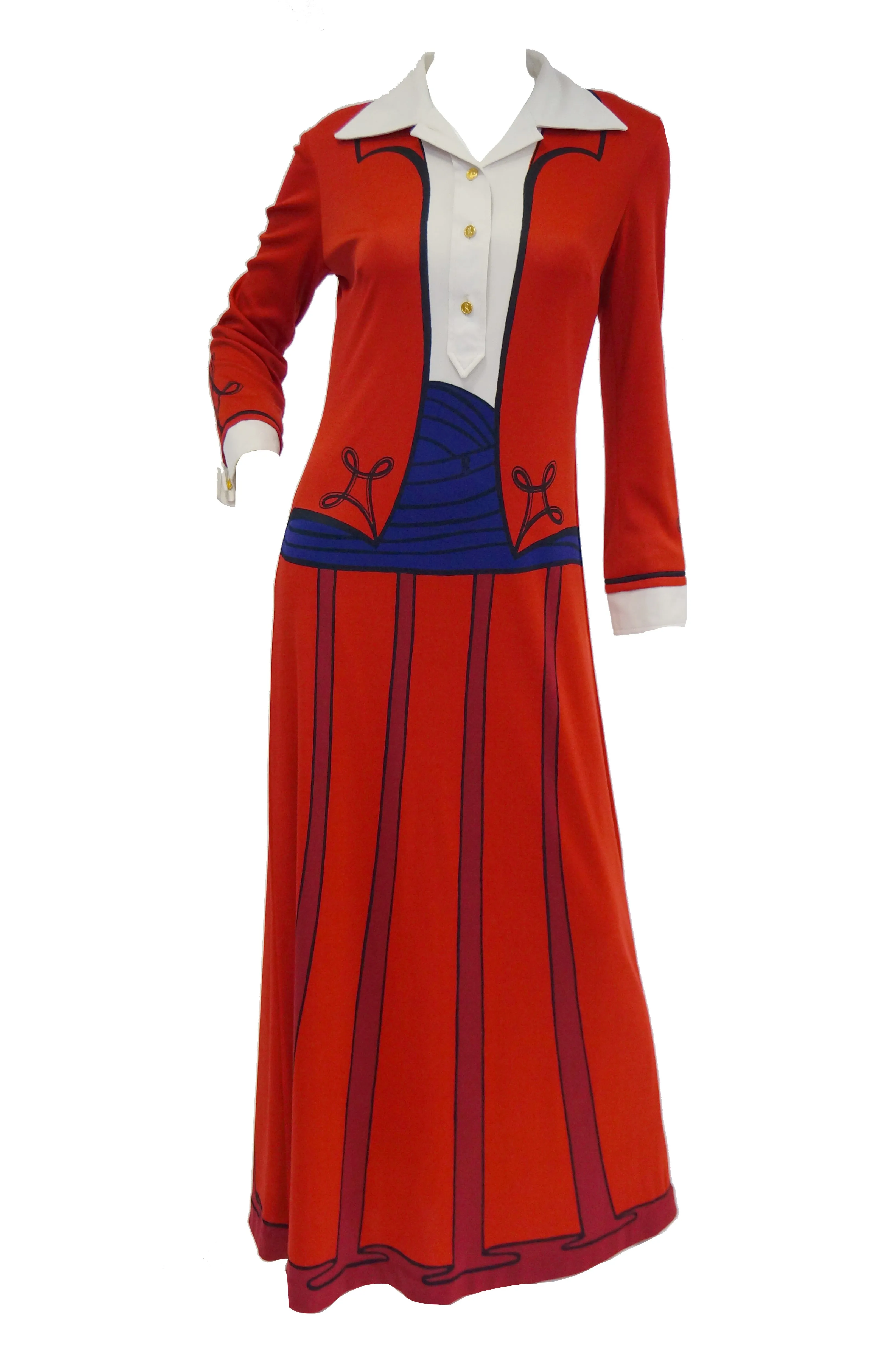 1970s Roberta di Camerino Red Trompe L'oeil Ensemble Maxi Dress