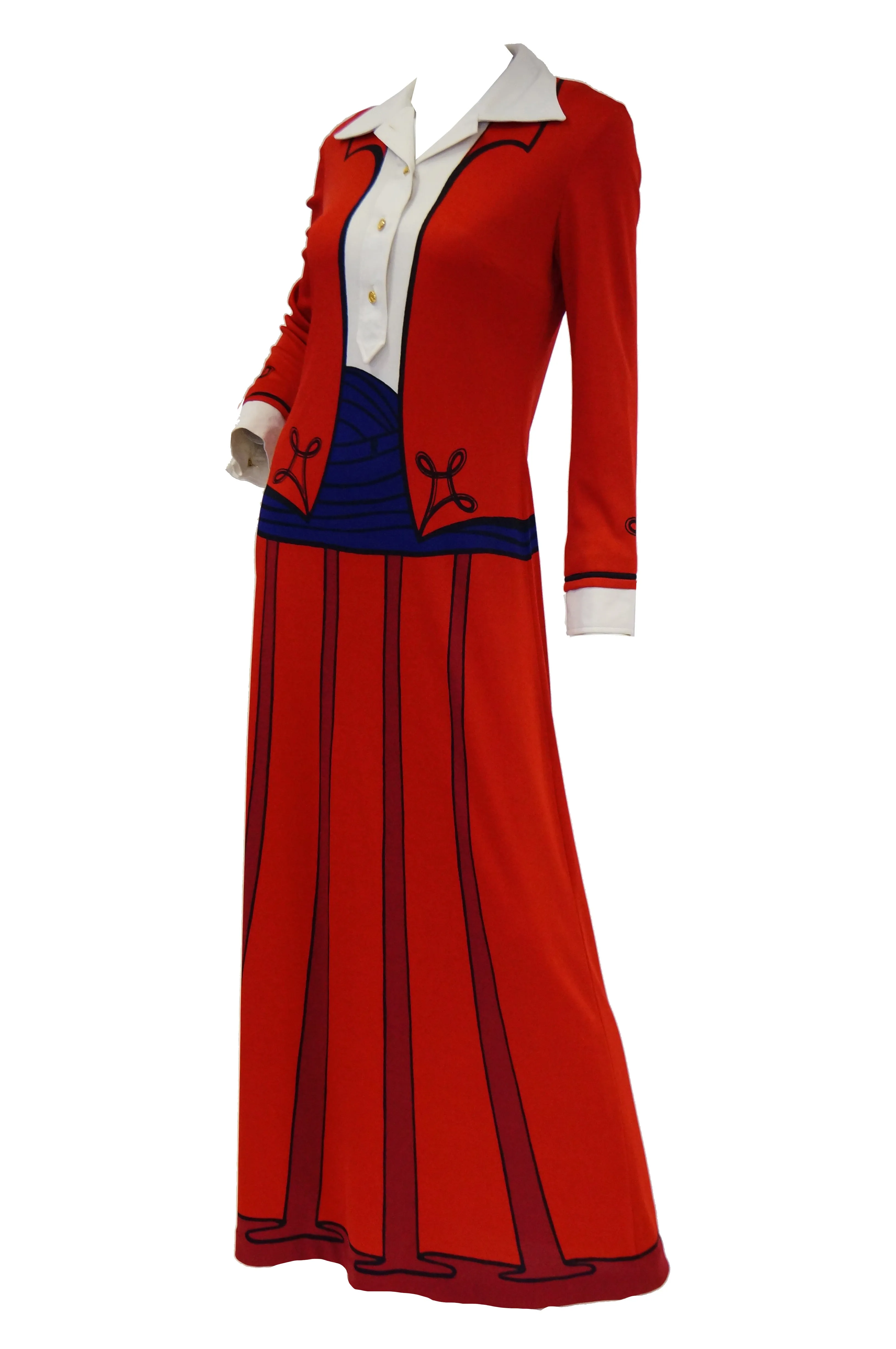 1970s Roberta di Camerino Red Trompe L'oeil Ensemble Maxi Dress