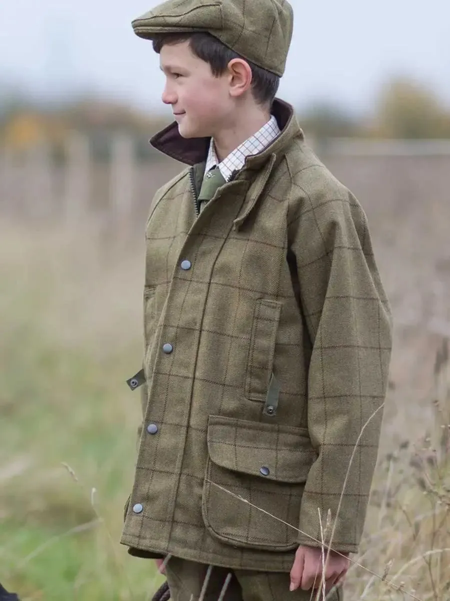 30% OFF - ALAN PAINE Rutland Shooting Coat - Kids Waterproof Tweed - Lichen