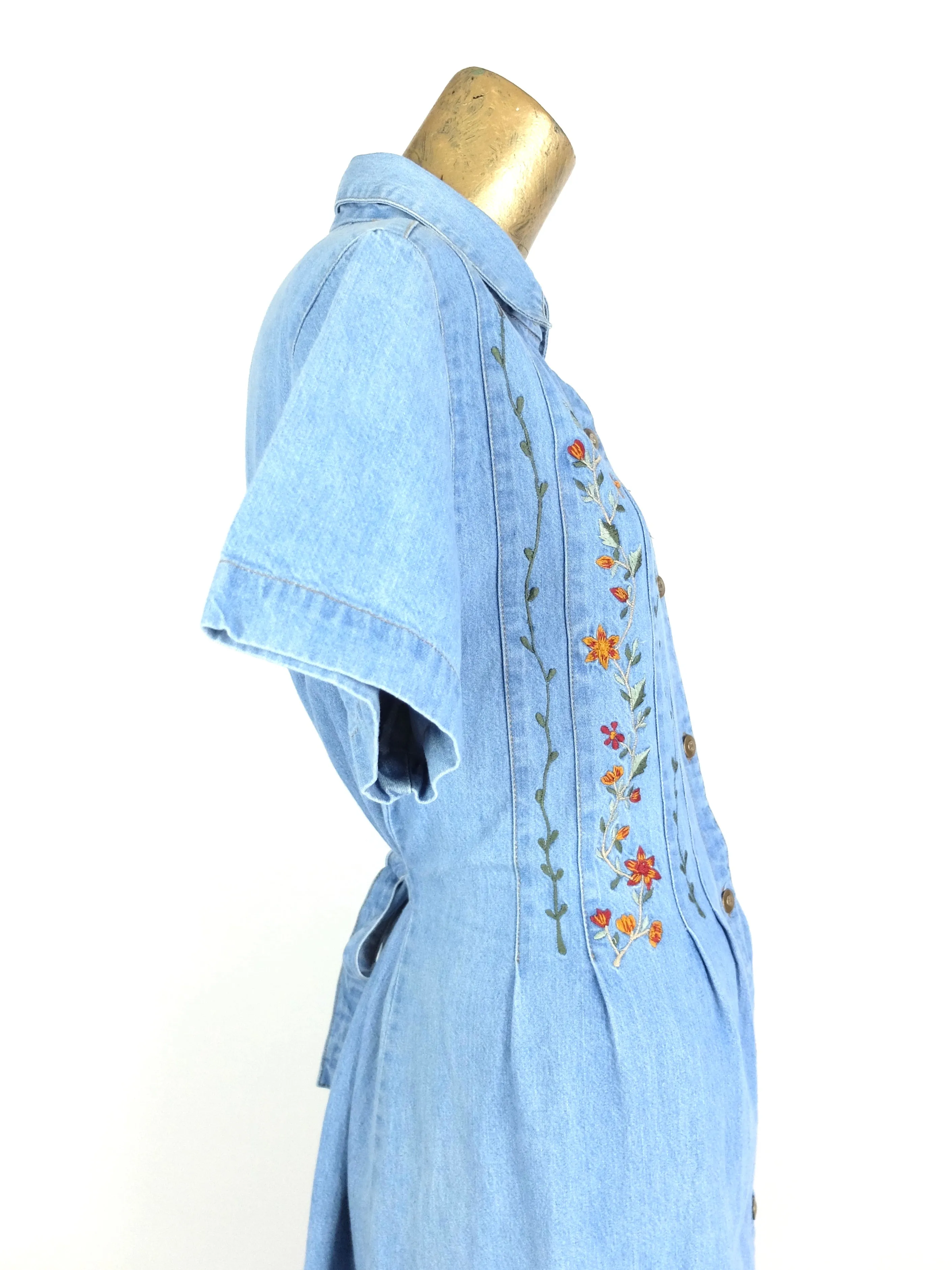 80s Prairie Bohemian Collared Short Sleeve Button Down Light Wash Denim Maxi Dress