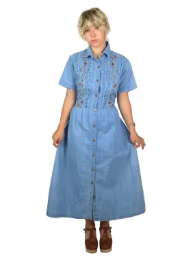 80s Prairie Bohemian Collared Short Sleeve Button Down Light Wash Denim Maxi Dress