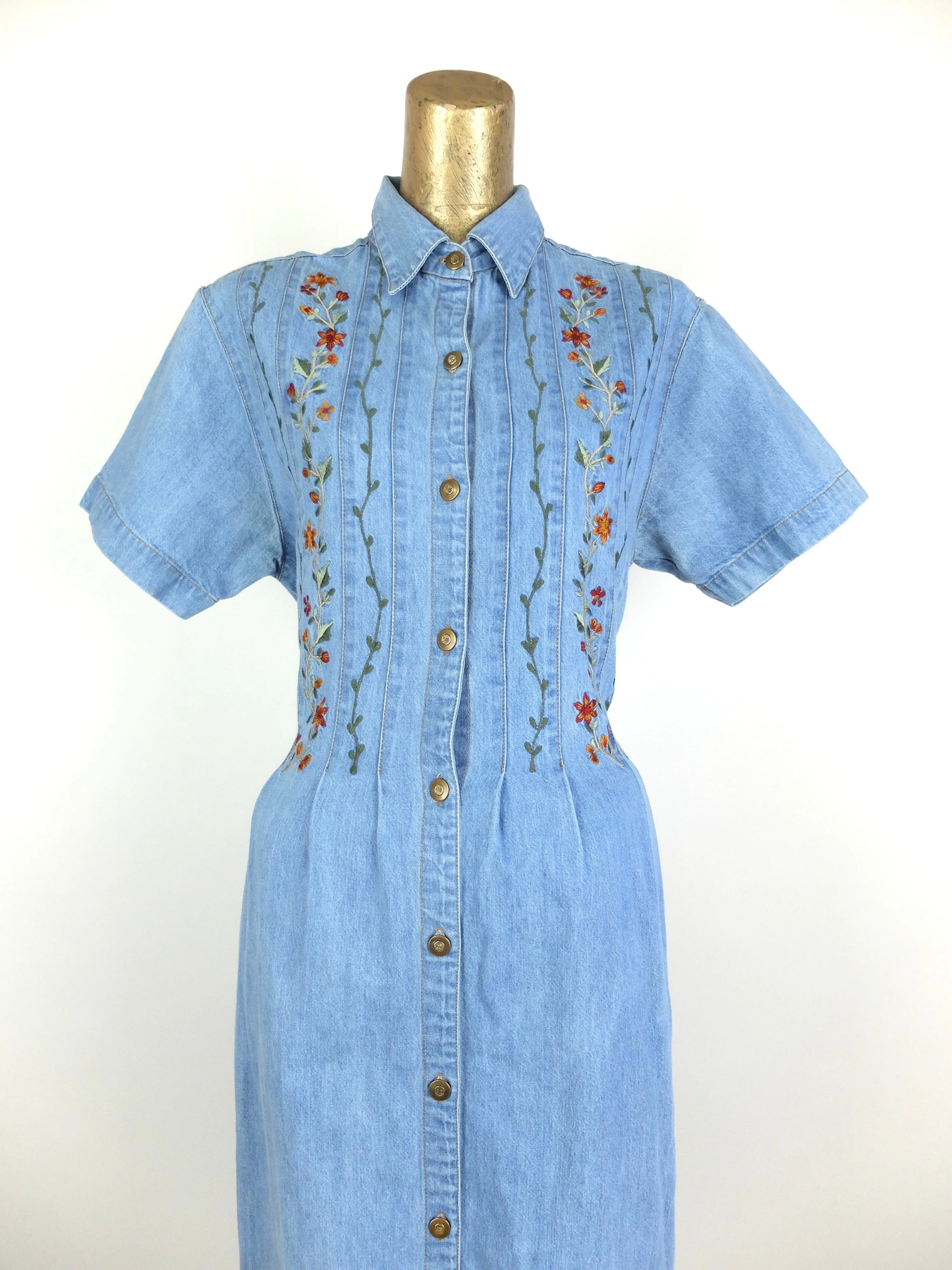 80s Prairie Bohemian Collared Short Sleeve Button Down Light Wash Denim Maxi Dress