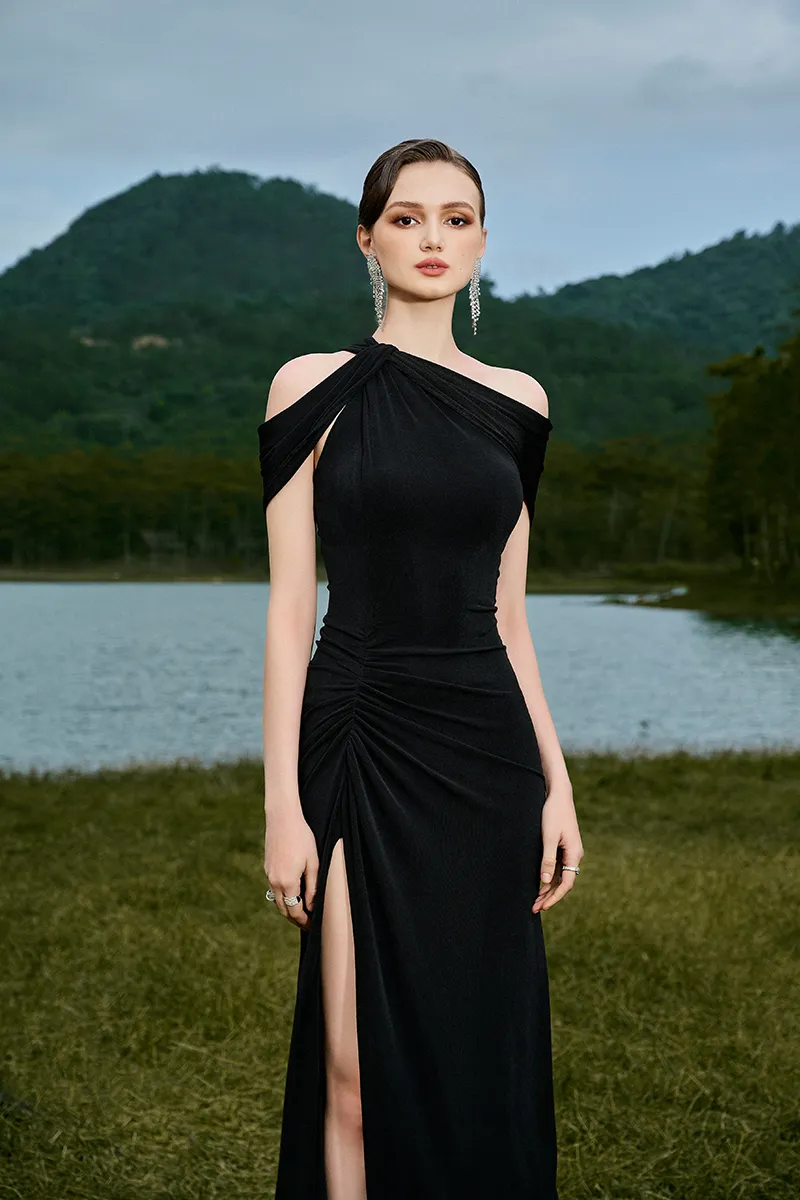 ADELE BLACK ASYMMETRIC MAXI DRESS