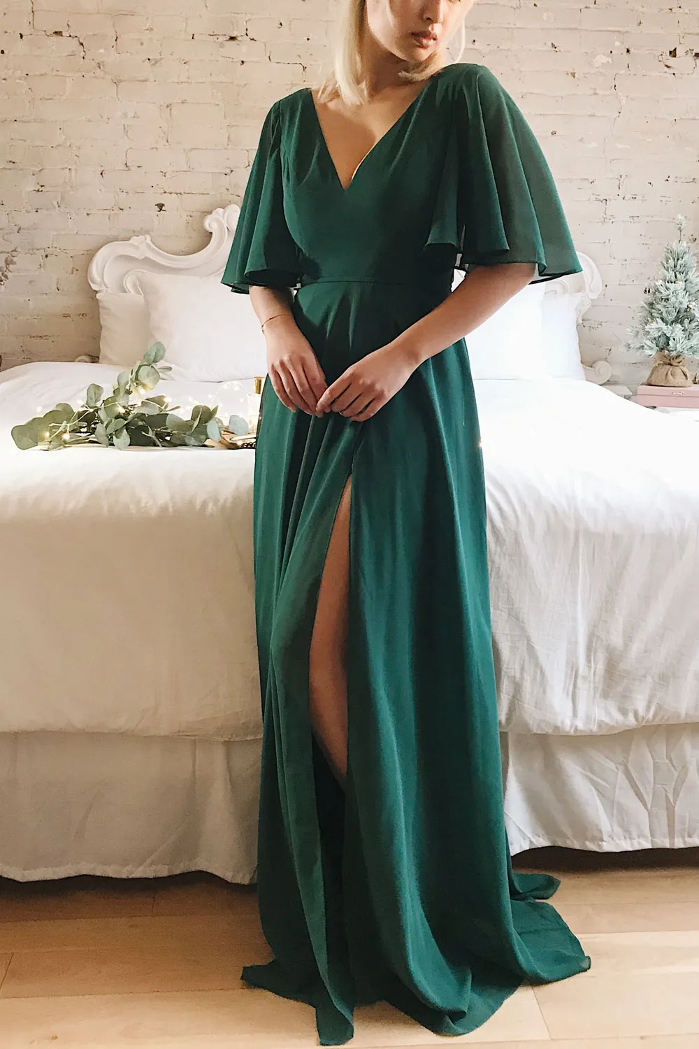 Adelphia Green | V-Neck Chiffon Maxi Dress