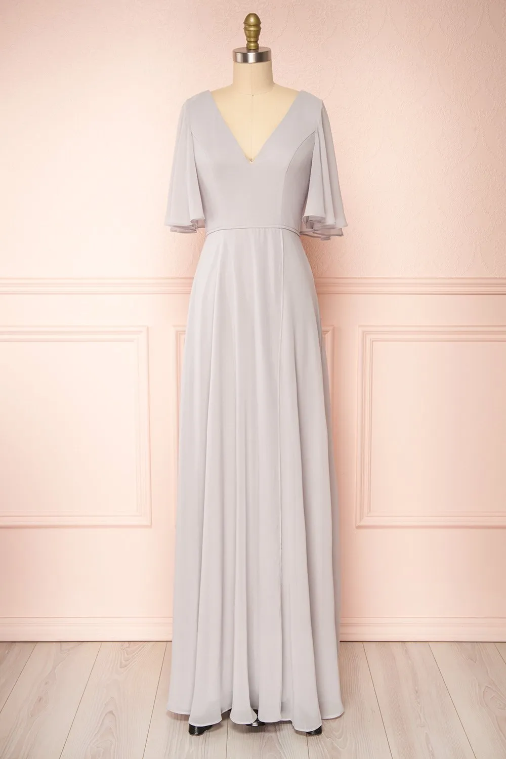 Adelphia Grey | Short Sleeve Chiffon Maxi Dress