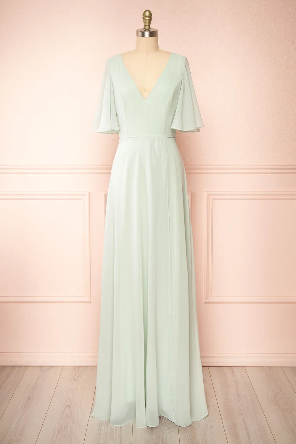 Adelphia Sage | V-Neck Chiffon Maxi Dress