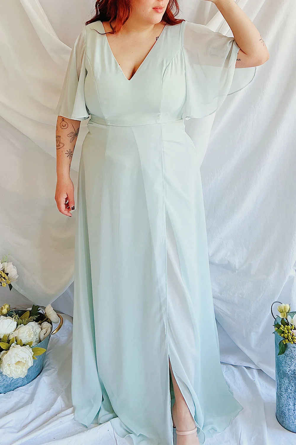 Adelphia Sage | V-Neck Chiffon Maxi Dress