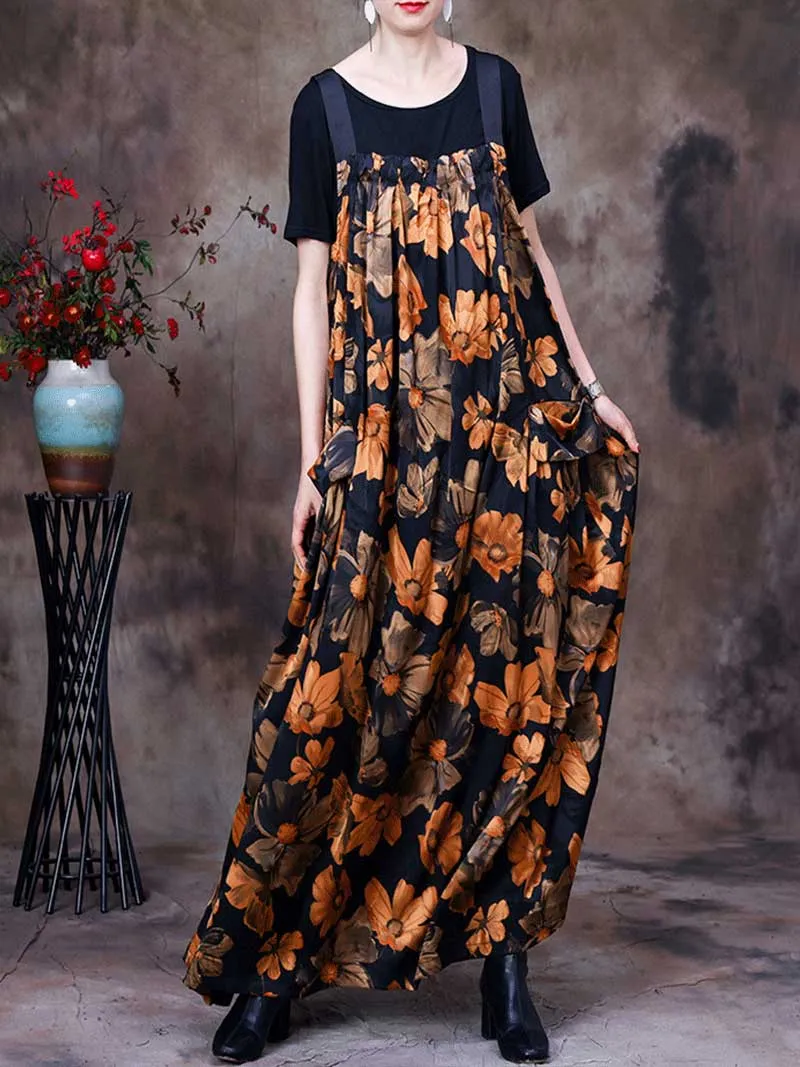 Always Glowing Printed  Pleated Pocket Maxi Salopette Dress