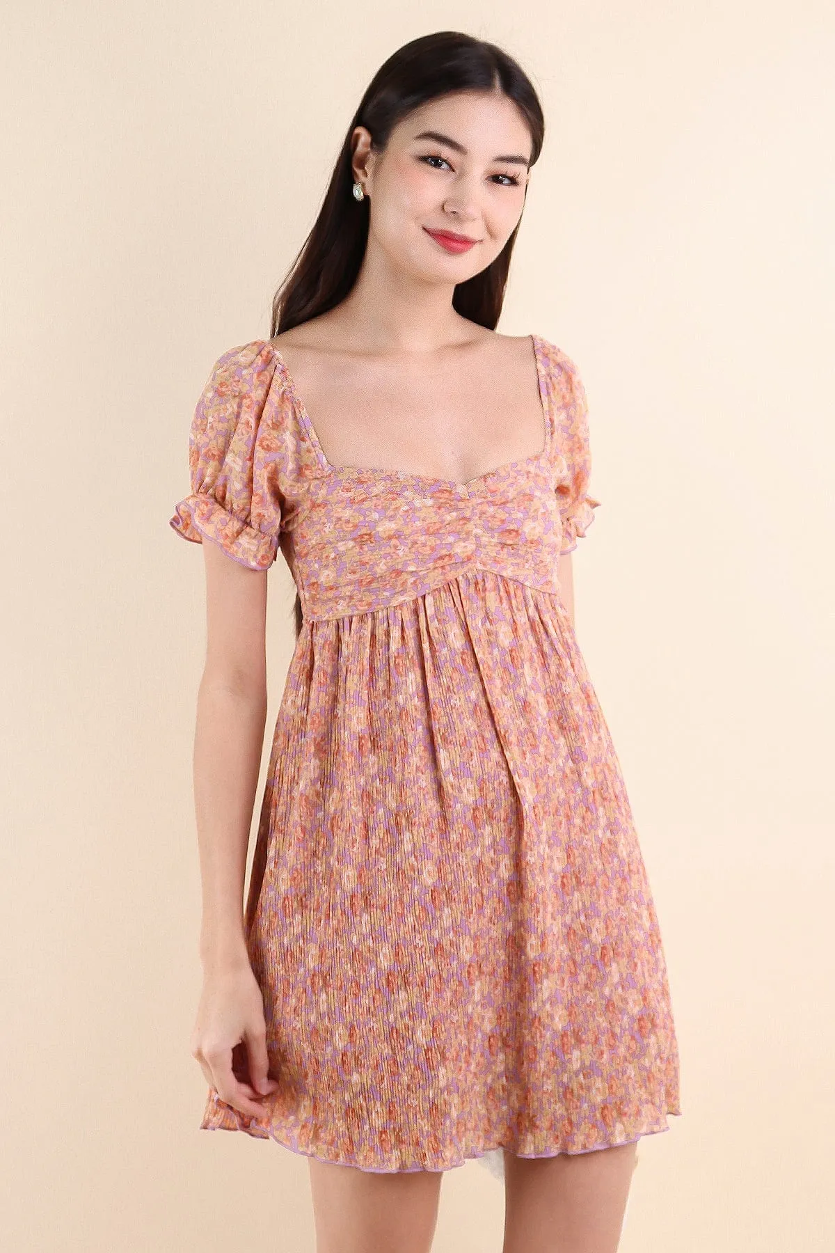 AMARA CRINKLED VINTAGE FLORAL DRESS IN LILAC/CARAMEL