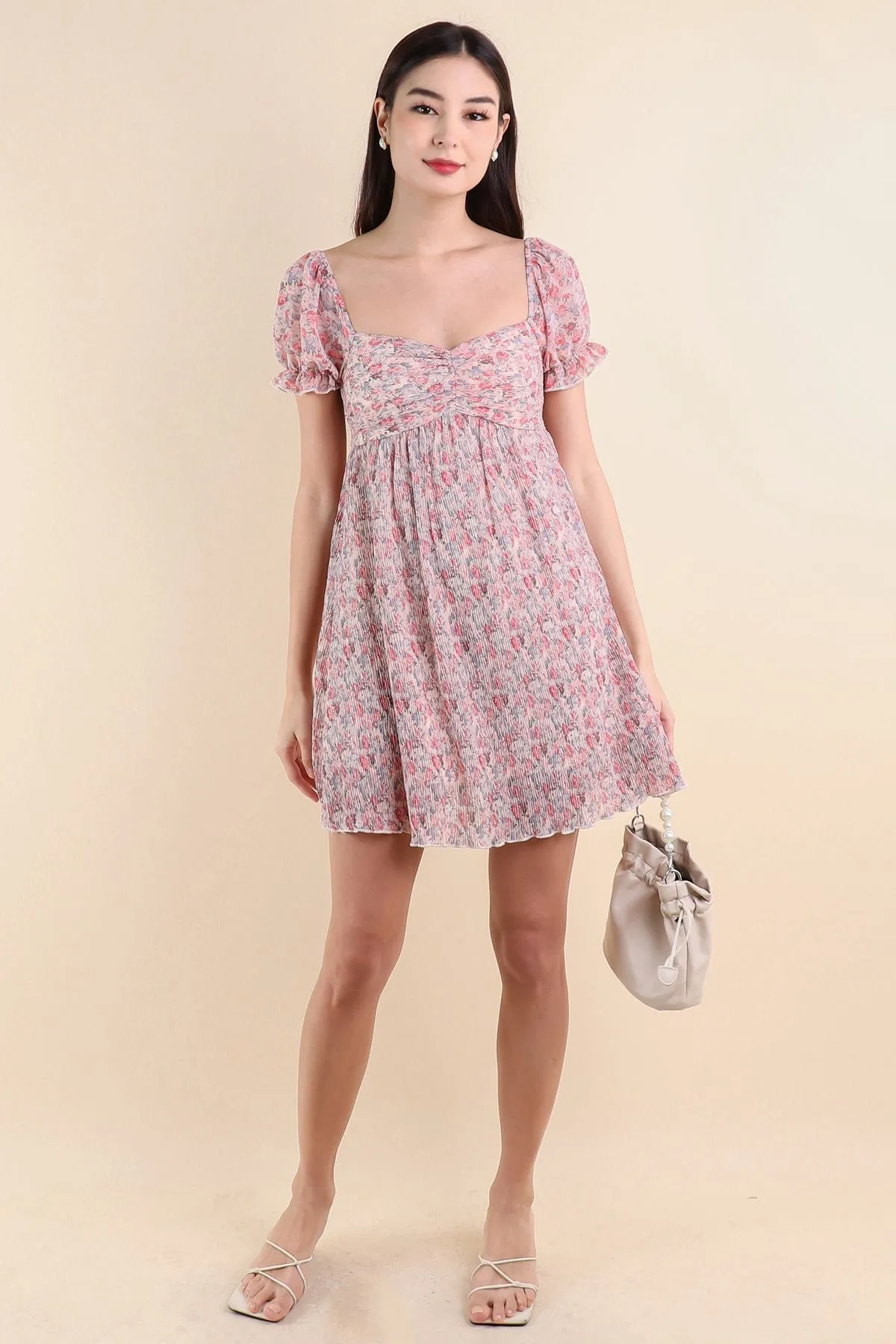 AMARA CRINKLED VINTAGE FLORAL DRESS IN ROSE/CREAM