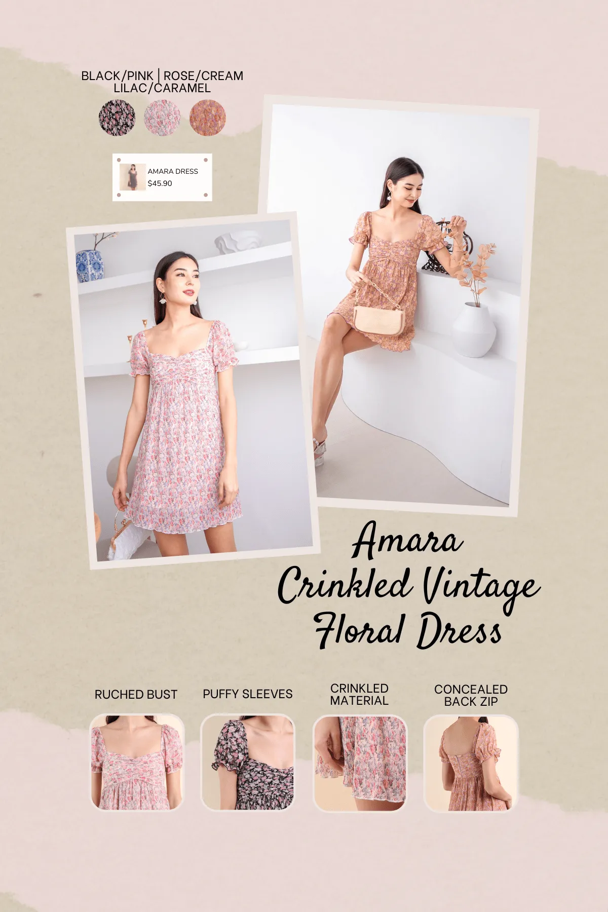 AMARA CRINKLED VINTAGE FLORAL DRESS IN ROSE/CREAM