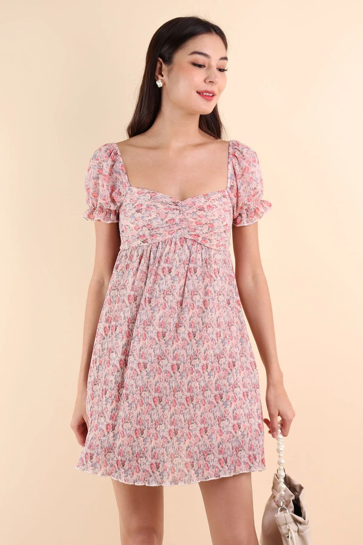 AMARA CRINKLED VINTAGE FLORAL DRESS IN ROSE/CREAM