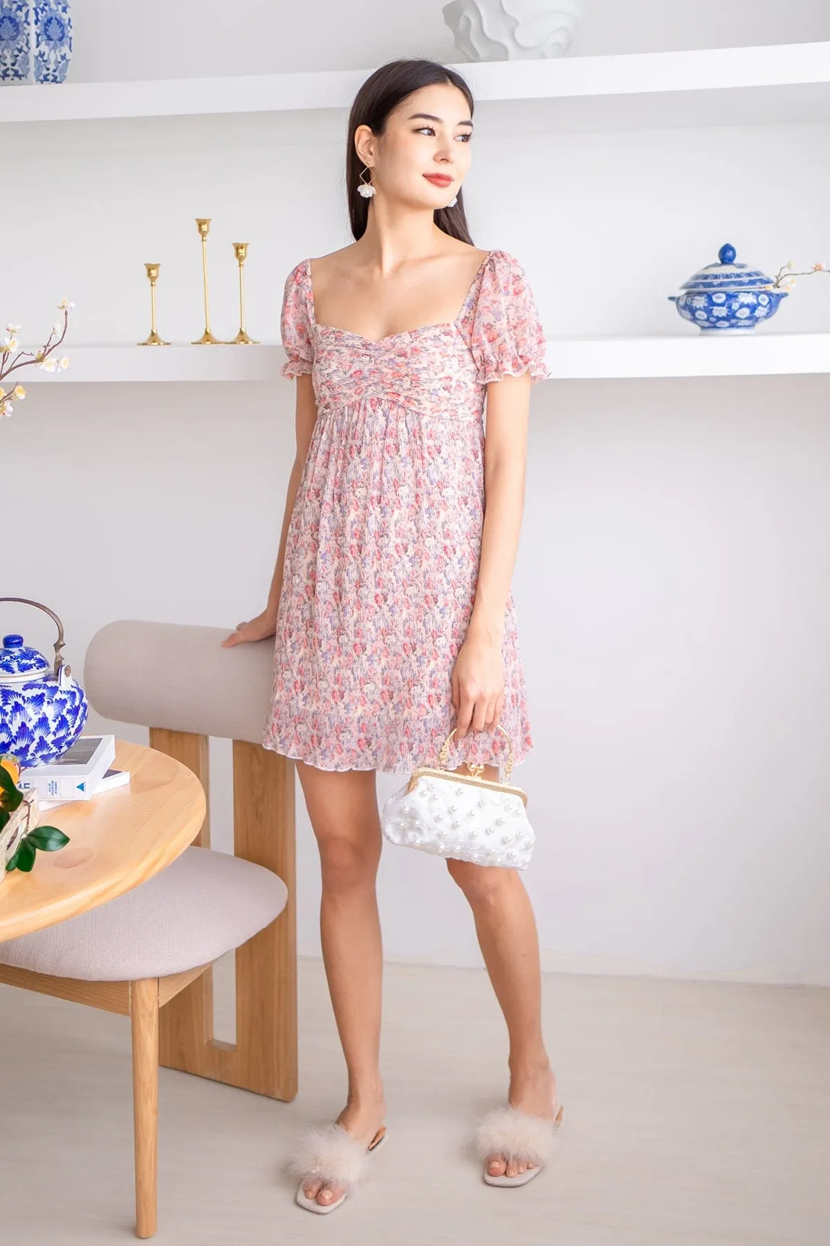 AMARA CRINKLED VINTAGE FLORAL DRESS IN ROSE/CREAM