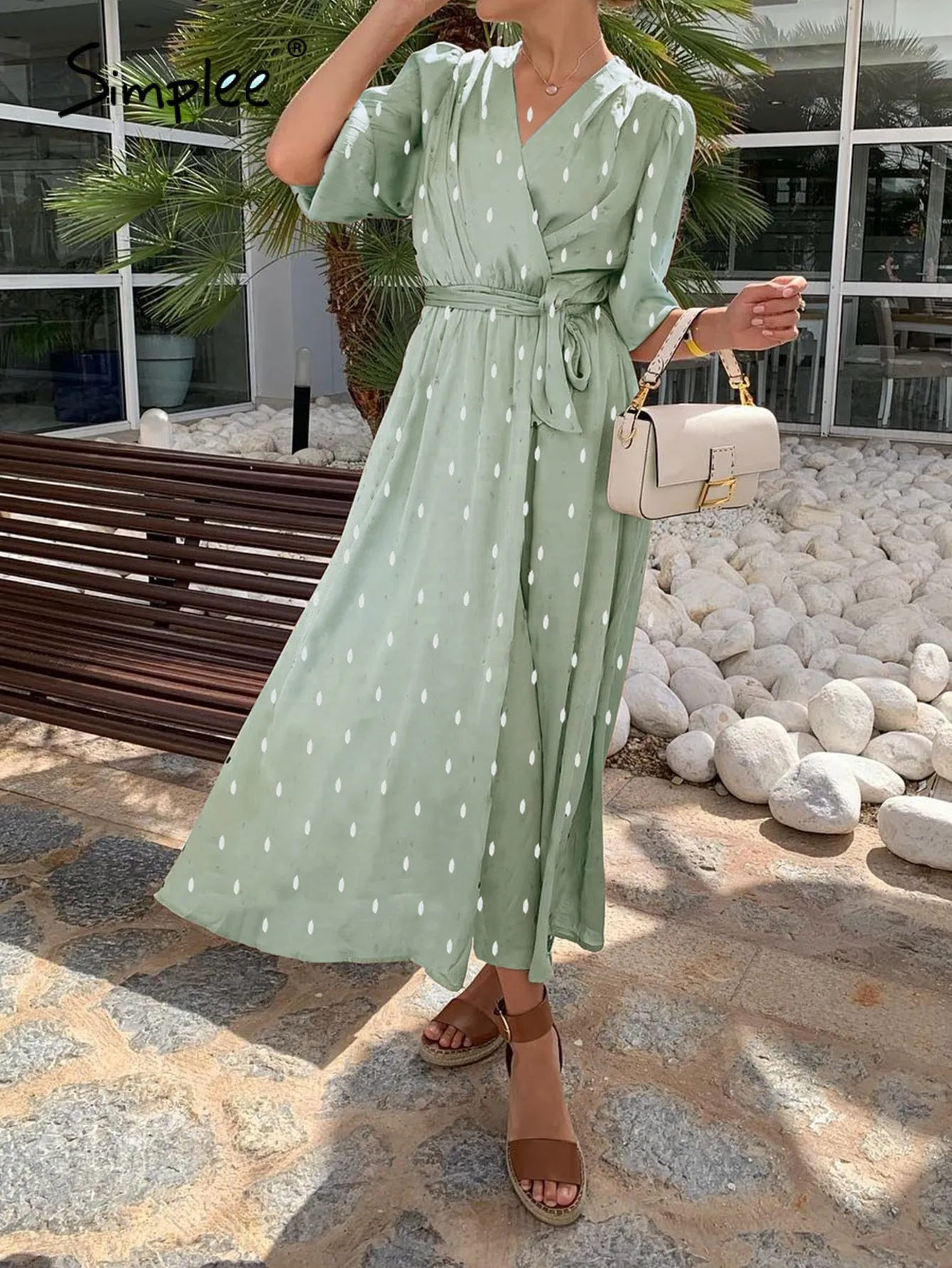 Amozae-Graduation Gift Big Sale Green polka dot puff sleeve women summer a-line dress Casual v-neck sashes maxi dress Elegant retro v-neck mujer vestido