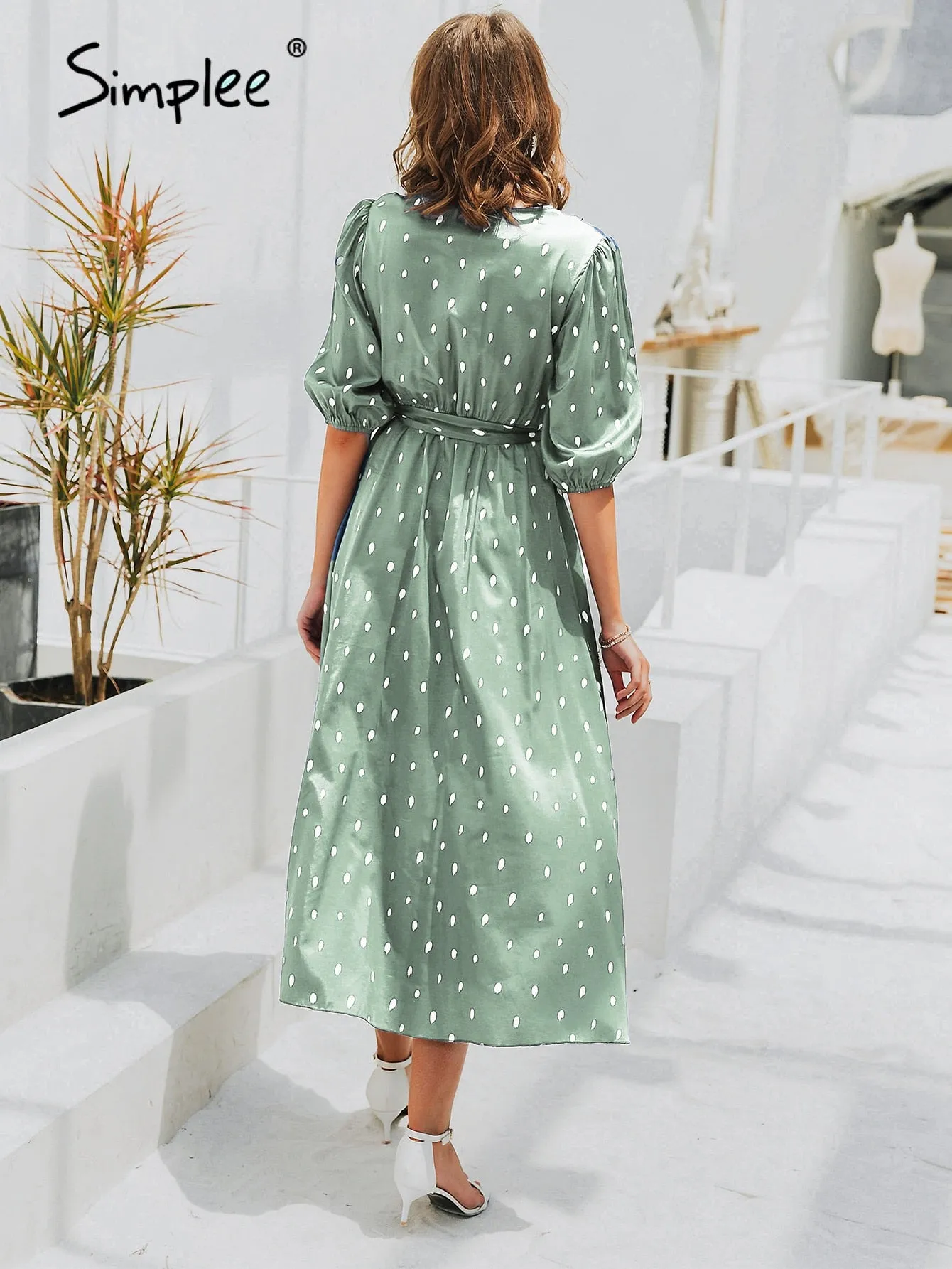 Amozae-Graduation Gift Big Sale Green polka dot puff sleeve women summer a-line dress Casual v-neck sashes maxi dress Elegant retro v-neck mujer vestido