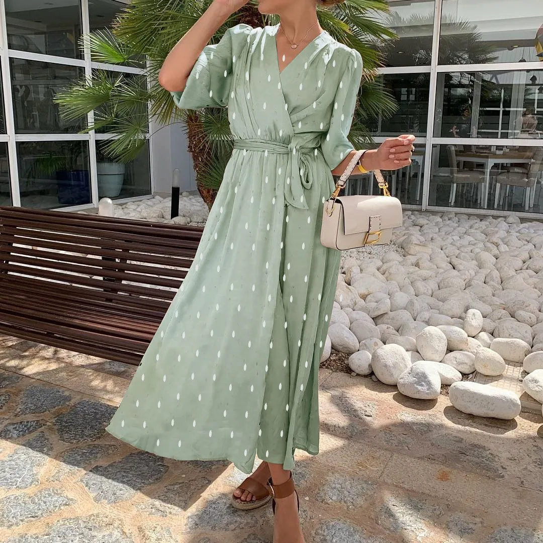 Amozae-Graduation Gift Big Sale Green polka dot puff sleeve women summer a-line dress Casual v-neck sashes maxi dress Elegant retro v-neck mujer vestido