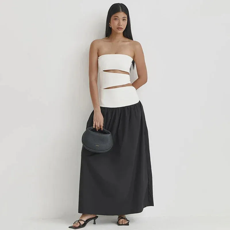 Amozae-Hollow Out Clash Color Strapless Maxi Dress For Women Sexy Backless Off Shoulder Patchwork Female Summer Beach Dress New
