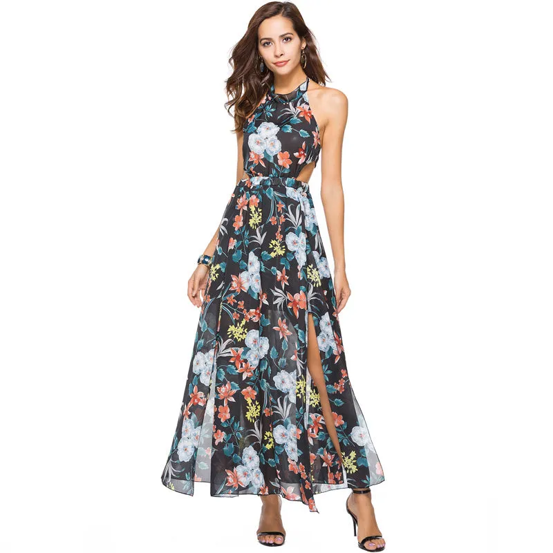 Backless Floral Printed Chiffon Maxi Long Dress