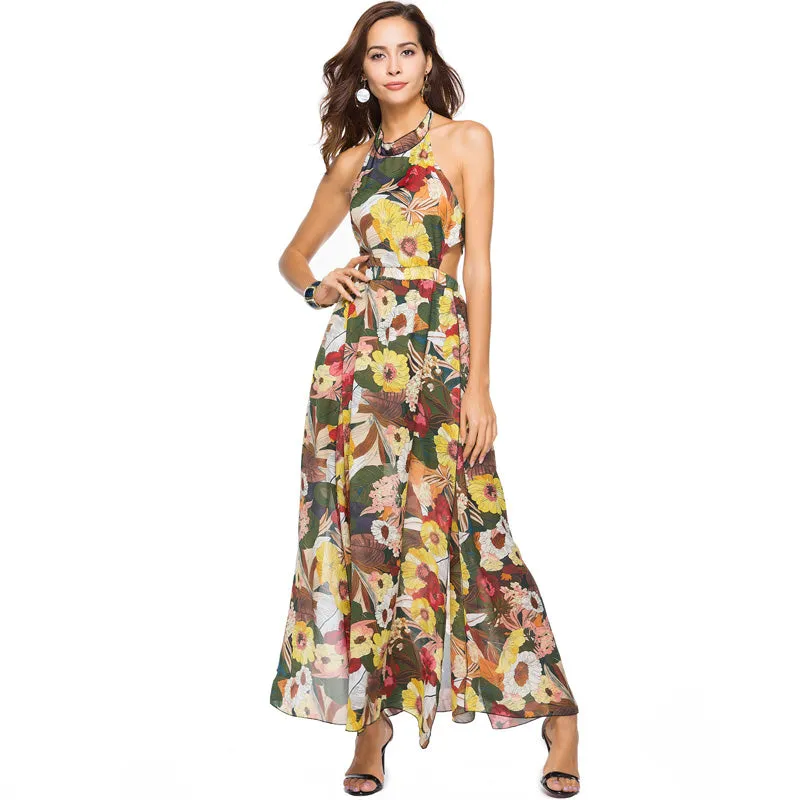 Backless Floral Printed Chiffon Maxi Long Dress