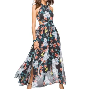 Backless Floral Printed Chiffon Maxi Long Dress