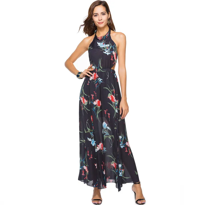 Backless Floral Printed Chiffon Maxi Long Dress