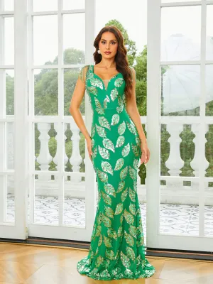 Backless Sleeveless Mermaid Sequin Green Prom Dress RJ10973