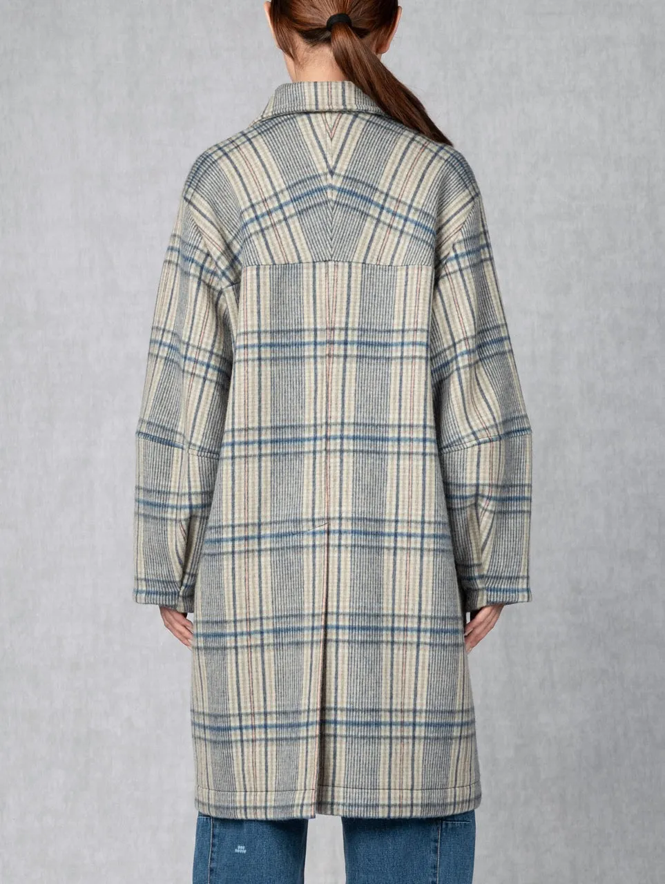 Balloon Woollen Coat Khaki Blue Checks