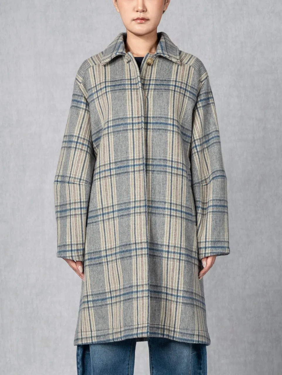 Balloon Woollen Coat Khaki Blue Checks