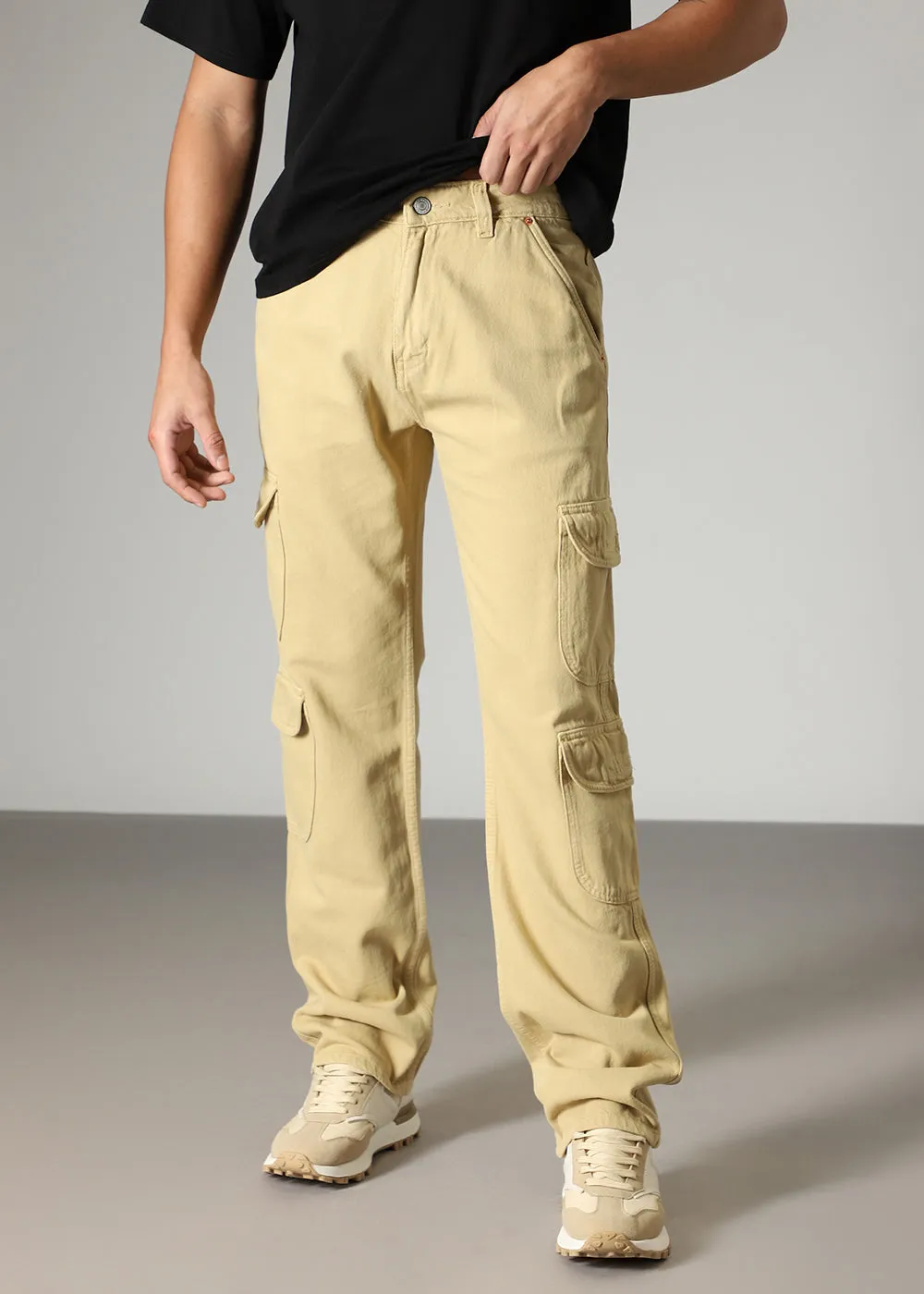 Beige Double Pocket Cargo Denim