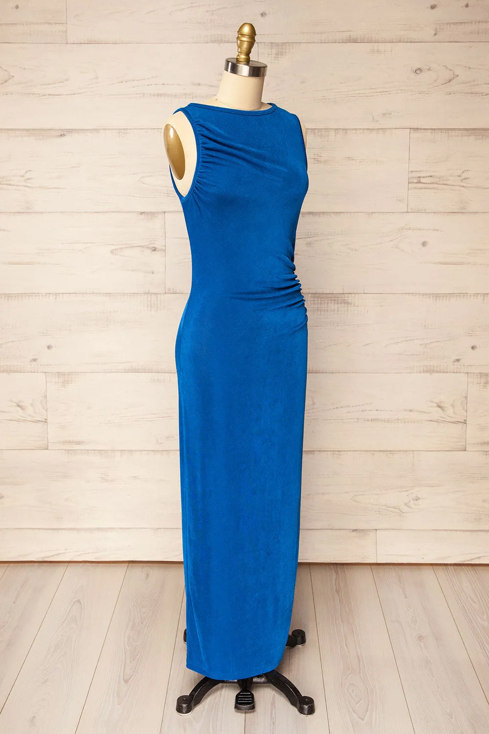 Belleville | Sleeveless Blue Ruched Maxi Dress