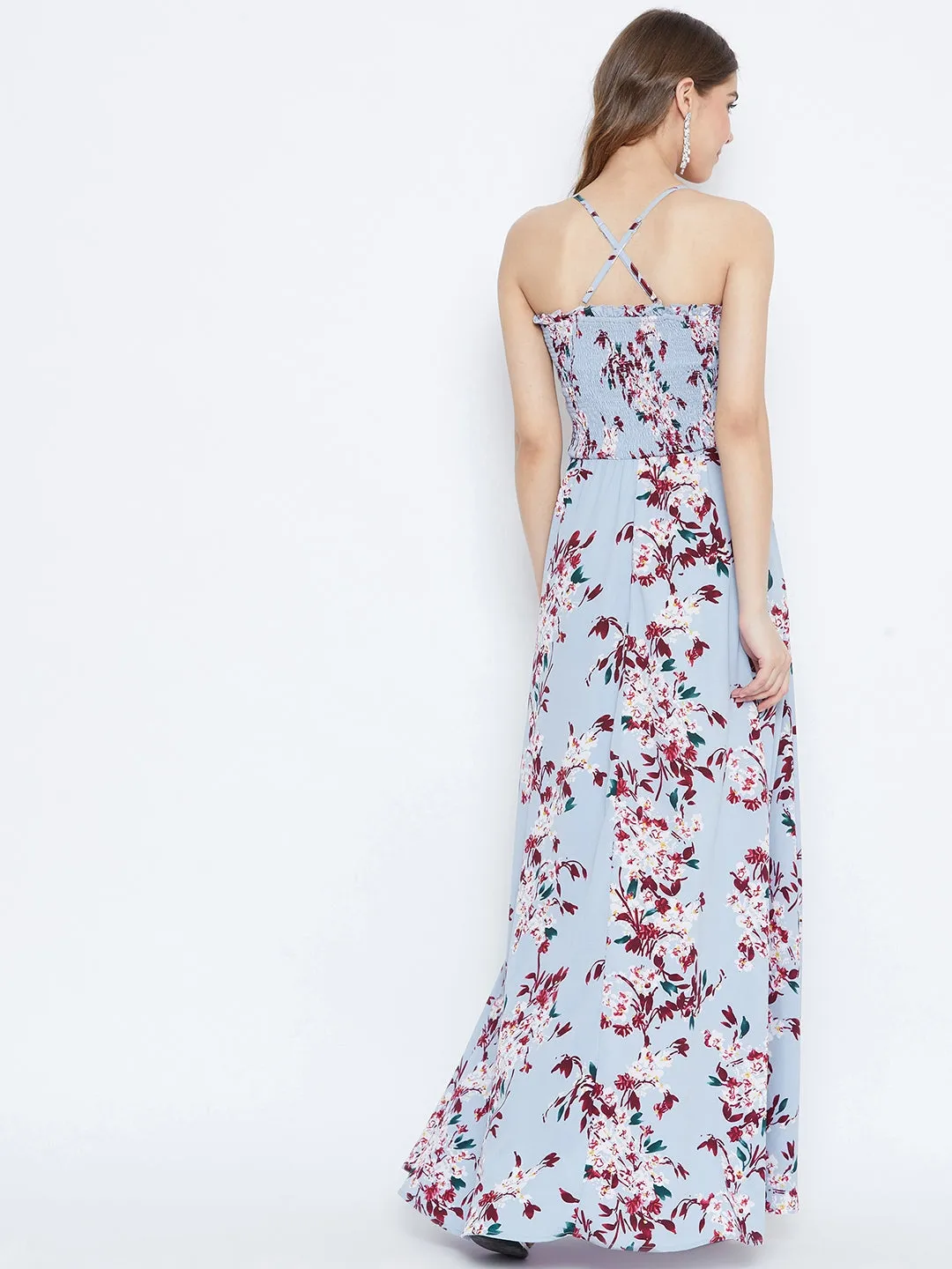 Berrylush Women Blue Floral Printed Sleeveless Smocked Maxi Dress