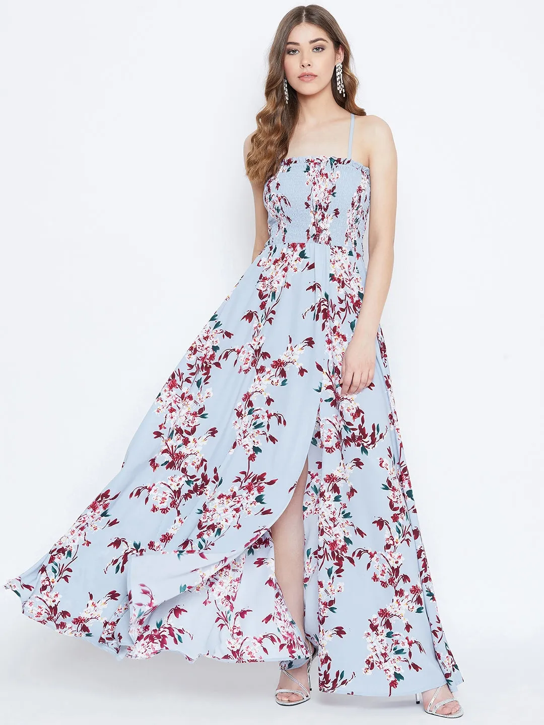 Berrylush Women Blue Floral Printed Sleeveless Smocked Maxi Dress