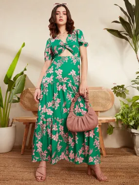 Berrylush Women Green & Pink Floral Printed V-Neck Puff Sleeve Front Cutout Ruffled A-Line Maxi Dress