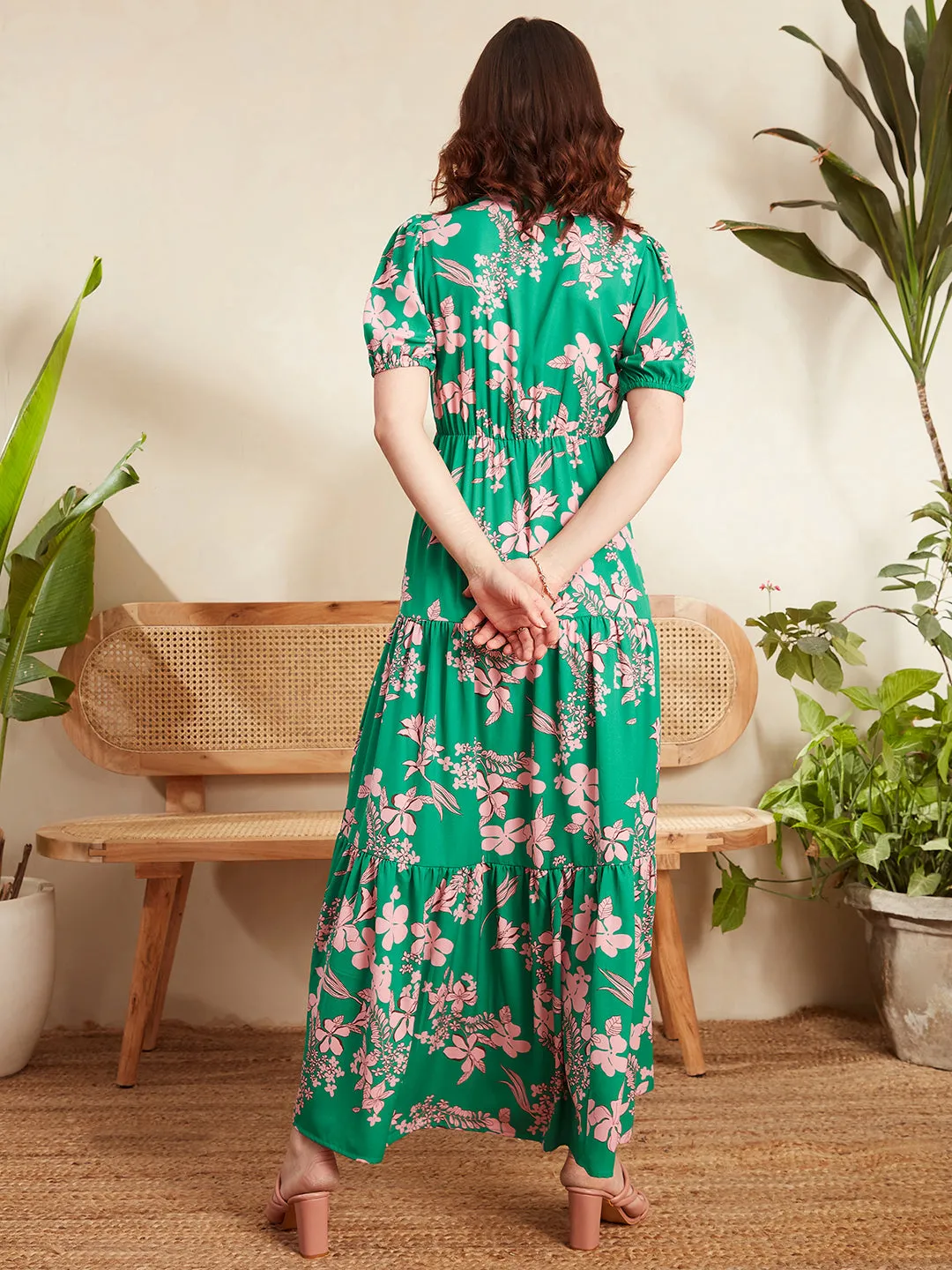 Berrylush Women Green & Pink Floral Printed V-Neck Puff Sleeve Front Cutout Ruffled A-Line Maxi Dress