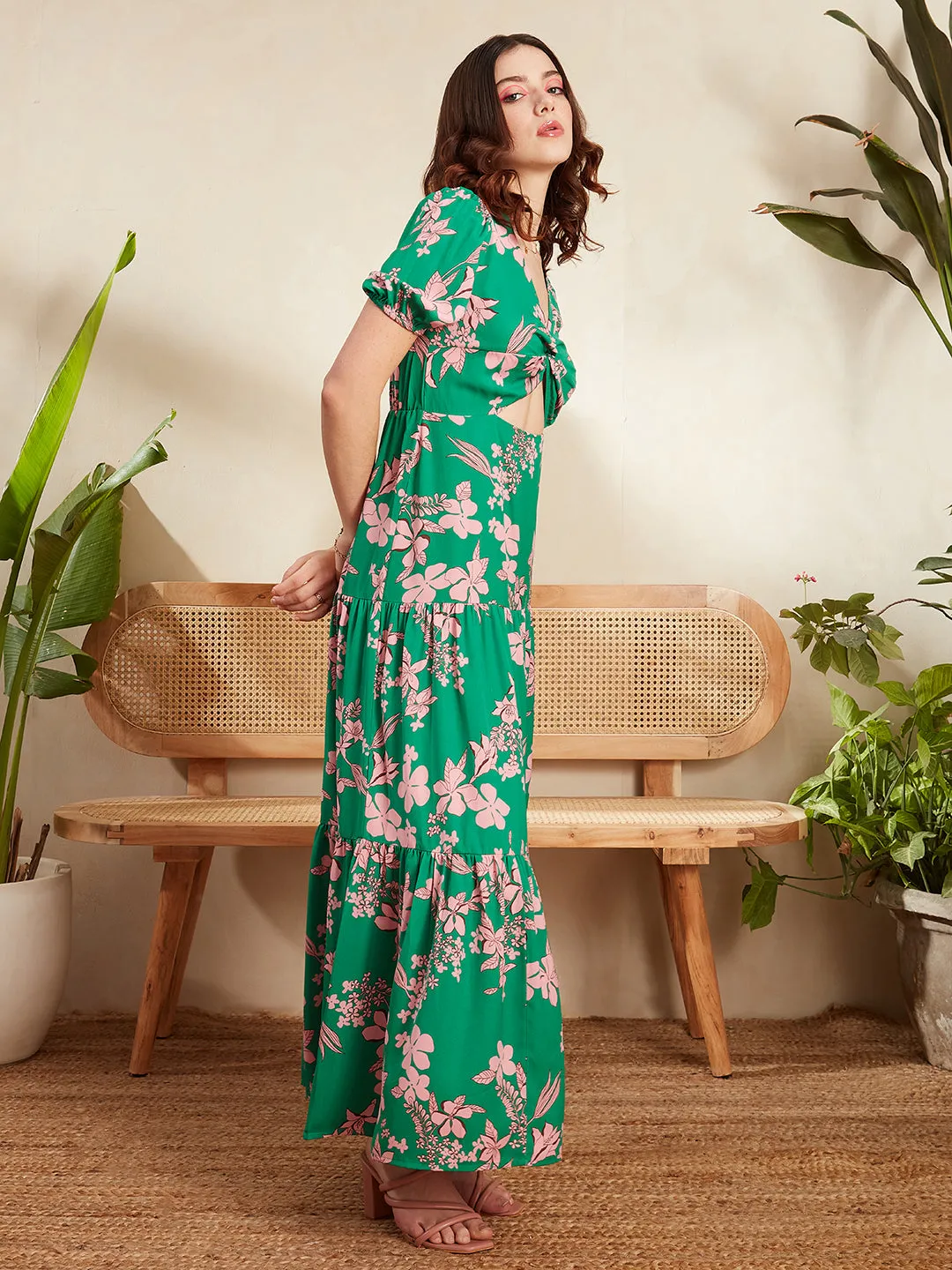 Berrylush Women Green & Pink Floral Printed V-Neck Puff Sleeve Front Cutout Ruffled A-Line Maxi Dress