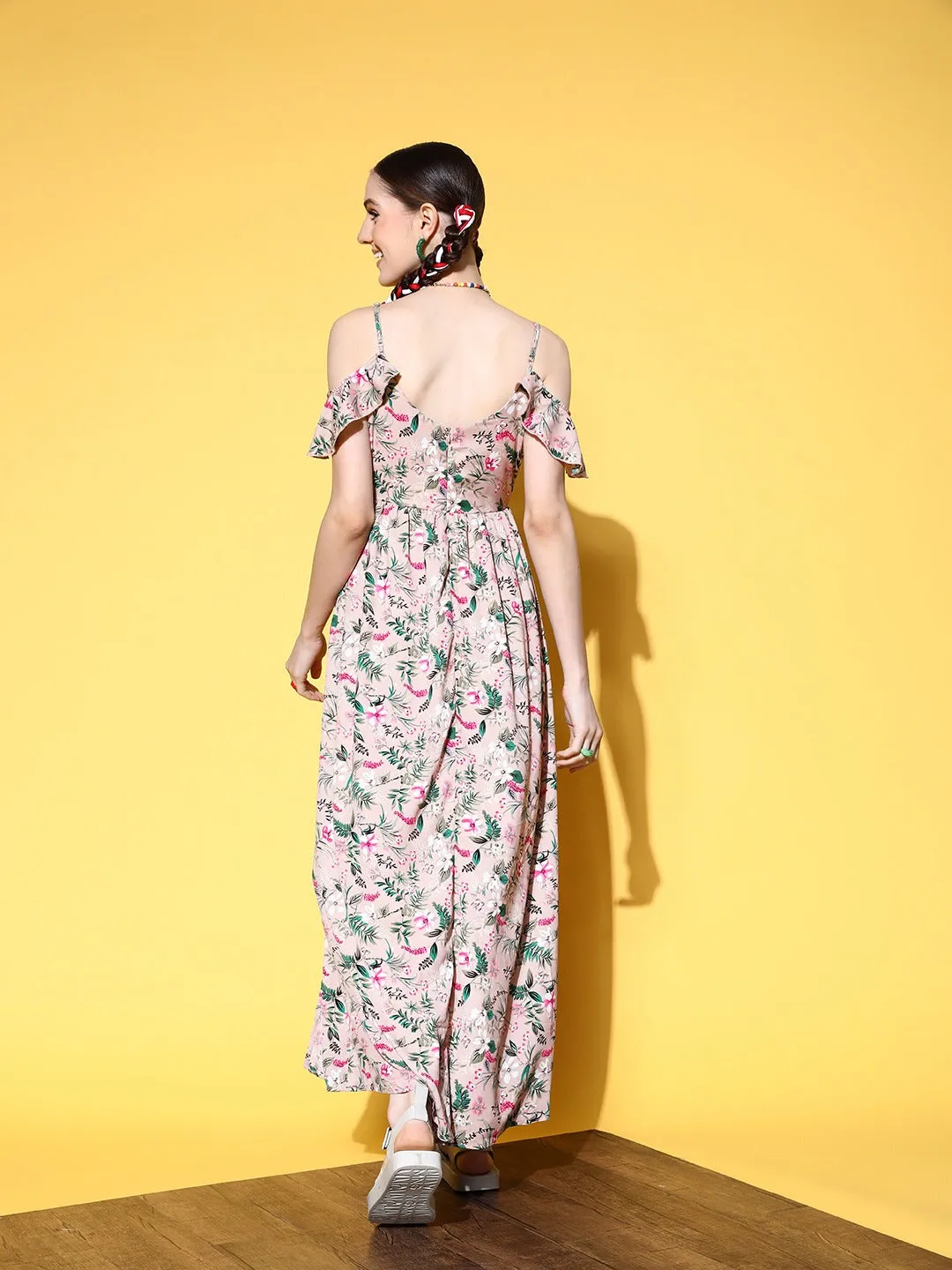 Berrylush Women Pink & Green Floral Printed V-Neck Cold-Shoulder Sleeve Crepe Flared Maxi Dress