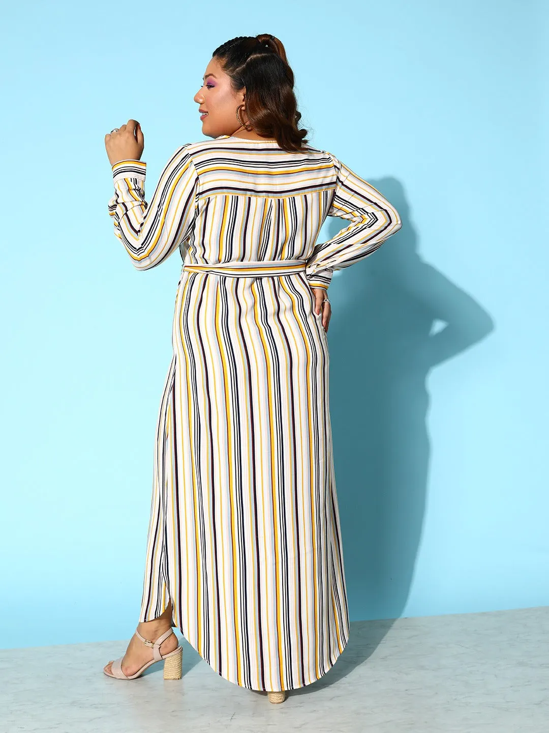 Berrylush Women Plus Size Multicolour Stripe Printed V-Neck Waist Tie-Up Crepe Curved Hem Maxi Dress