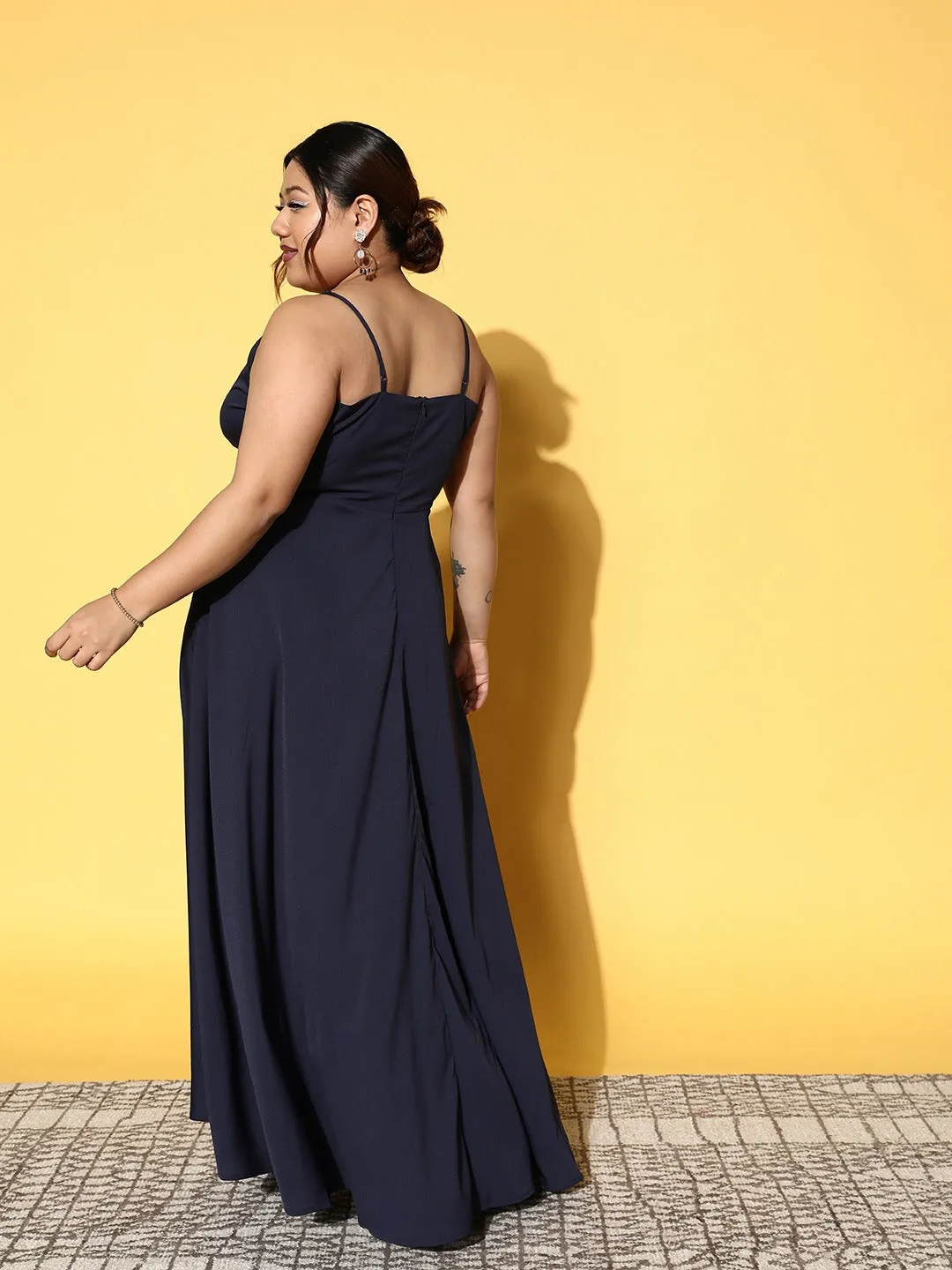 Berrylush Women Plus Size Solid Navy Blue V-Neck Crepe Thigh-High Slit Pleated Wrap Maxi Dress