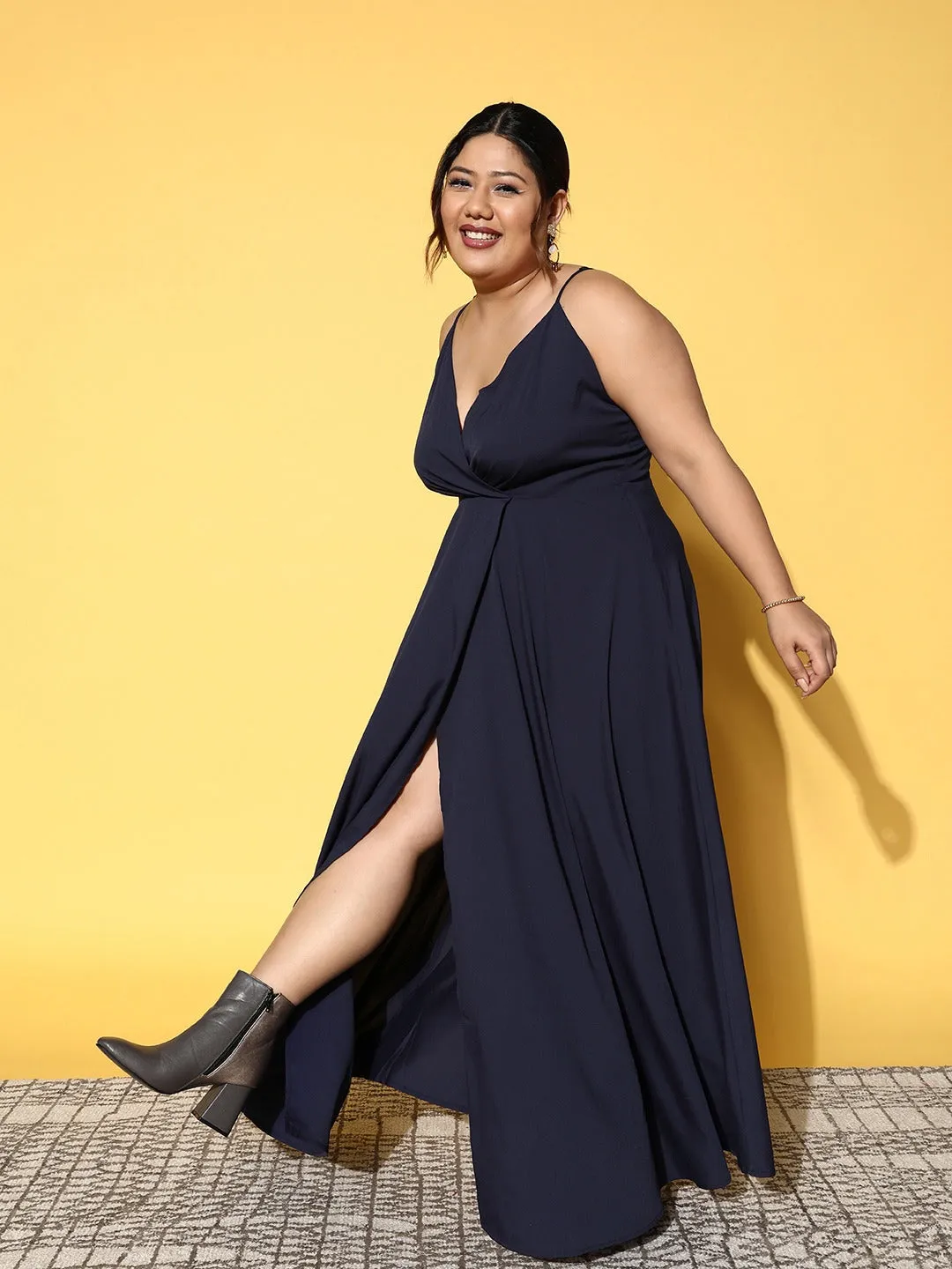 Berrylush Women Plus Size Solid Navy Blue V-Neck Crepe Thigh-High Slit Pleated Wrap Maxi Dress