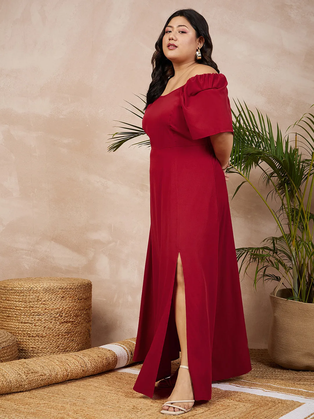 Berrylush Women Plus Size Solid Red Square Neck Puff Sleeve Thigh-High Slit Flared Maxi Dress