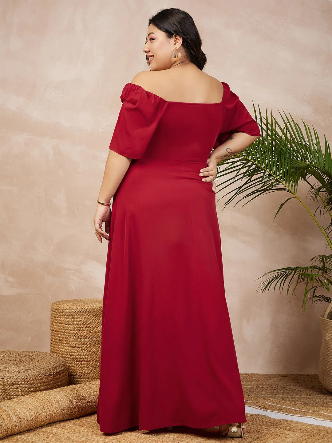 Berrylush Women Plus Size Solid Red Square Neck Puff Sleeve Thigh-High Slit Flared Maxi Dress