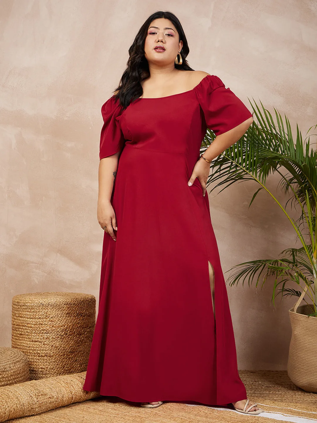 Berrylush Women Plus Size Solid Red Square Neck Puff Sleeve Thigh-High Slit Flared Maxi Dress