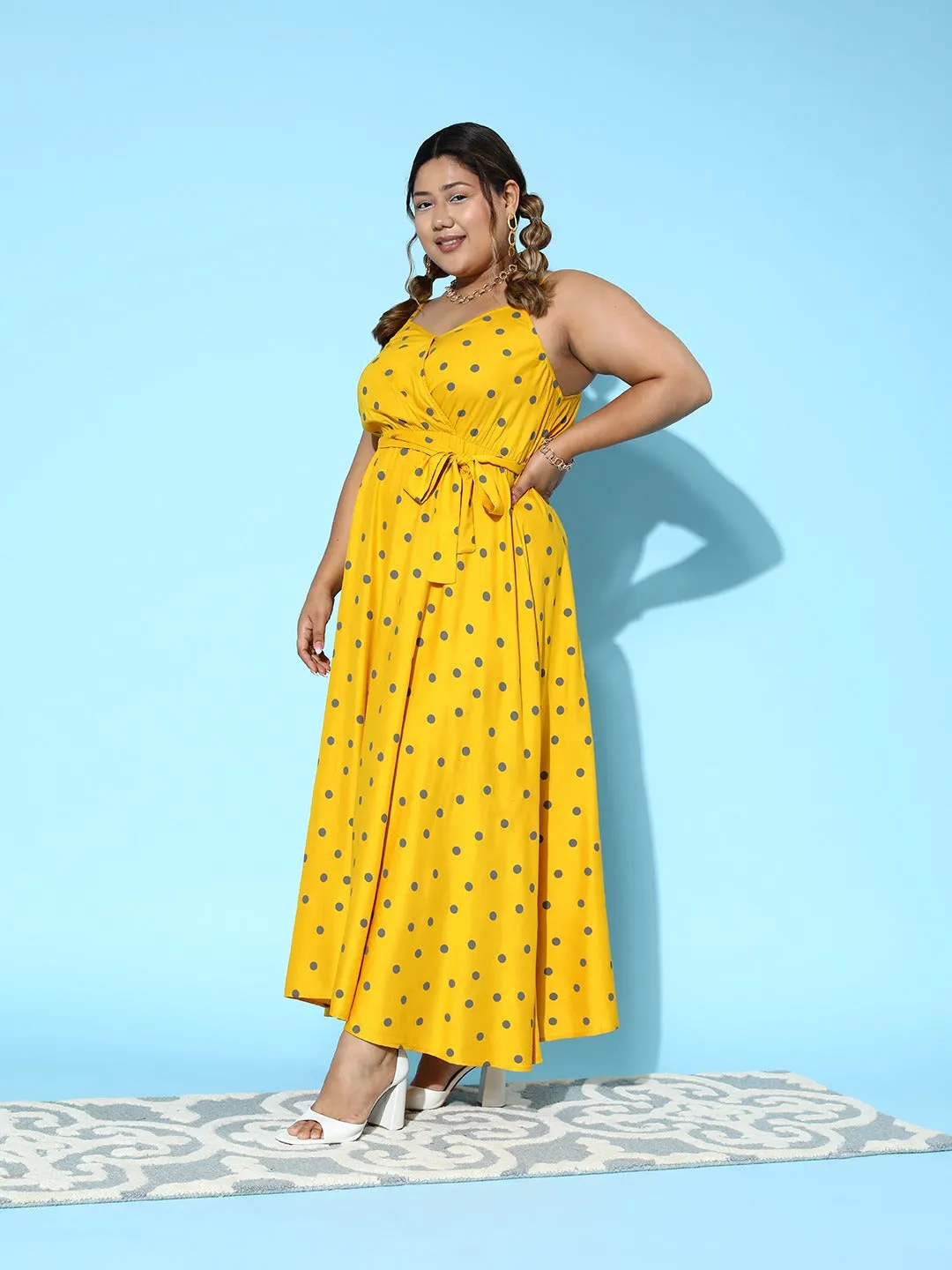 Berrylush Women Plus Size Yellow & Grey Polka Dot Printed Sweetheart Neck Sleeveless Cotton Flared Wrap Maxi Dress