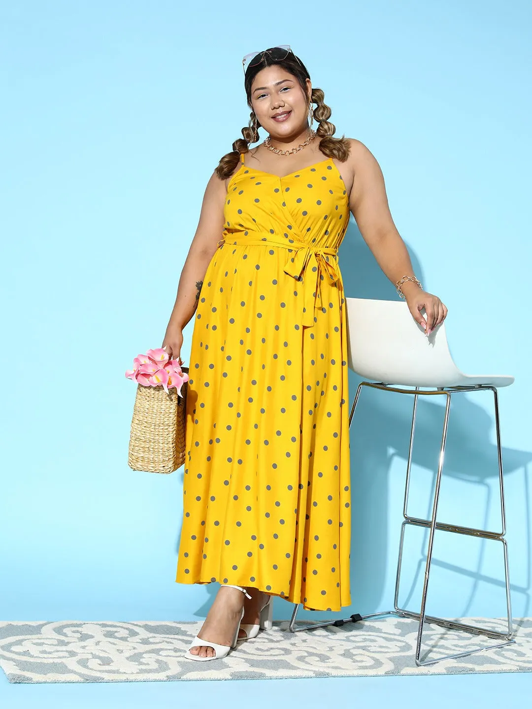 Berrylush Women Plus Size Yellow & Grey Polka Dot Printed Sweetheart Neck Sleeveless Cotton Flared Wrap Maxi Dress