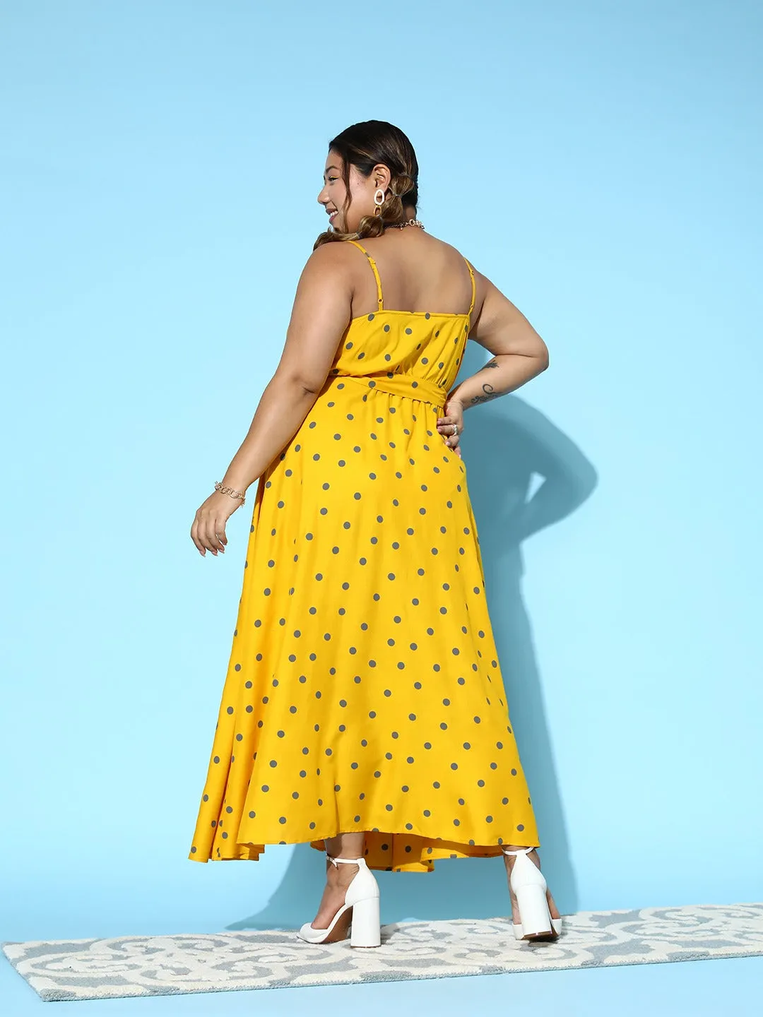 Berrylush Women Plus Size Yellow & Grey Polka Dot Printed Sweetheart Neck Sleeveless Cotton Flared Wrap Maxi Dress