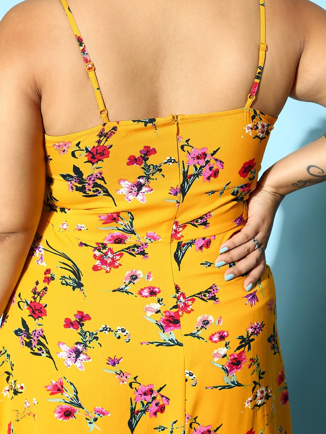 Berrylush Women Plus Size Yellow & Pink Floral Printed Square Neck Sleeveless Flared A-Line Mini Dress