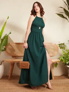 Berrylush Women Solid Green Halter Neck Front Cutout Tie-Up Backless Thigh-High Slit Straight Hem A-Line Maxi Dress