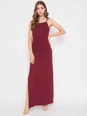 Berrylush Women Solid Maroon Round-Neck Thigh-High Slit Maxi Dress